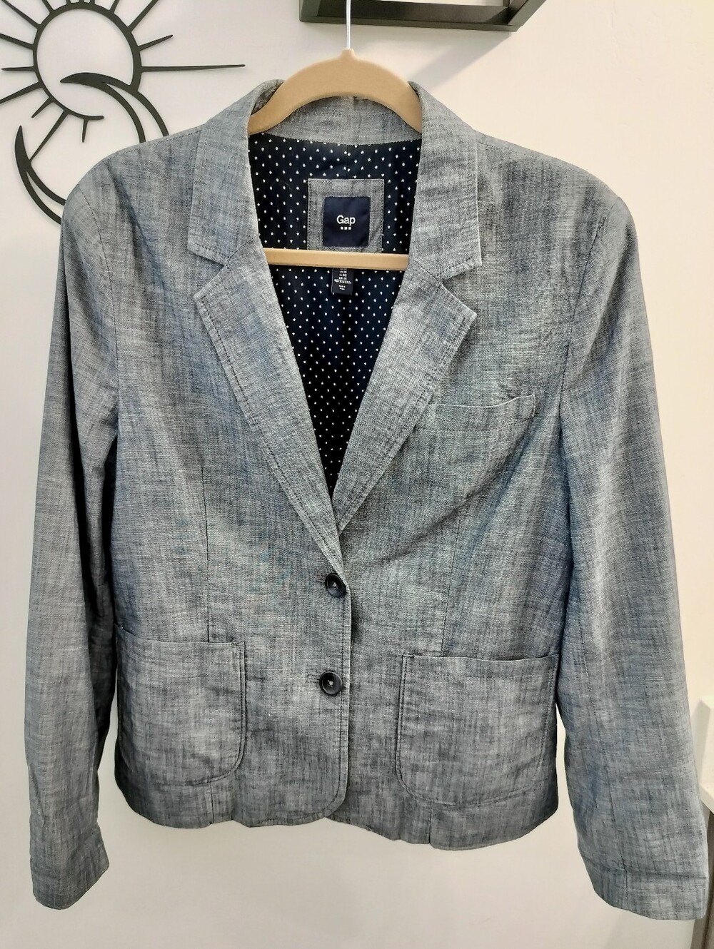 GAP Women's 14 Academy Chambray Blazer Blue Linen Blend Polka Dot Lining